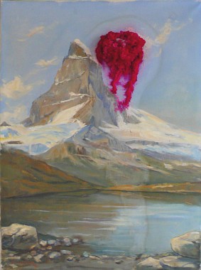 Das Wunder am Matterhorn | Wachsende Kristalle auf gefundenem Gemälde | 62 x 47 x 3 cm